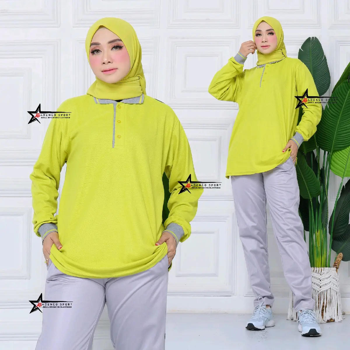 Setelan baju olahraga lengan panjang bahan lakos polo t-shirt / setelan Celana training olahraga Muslim Dewasa