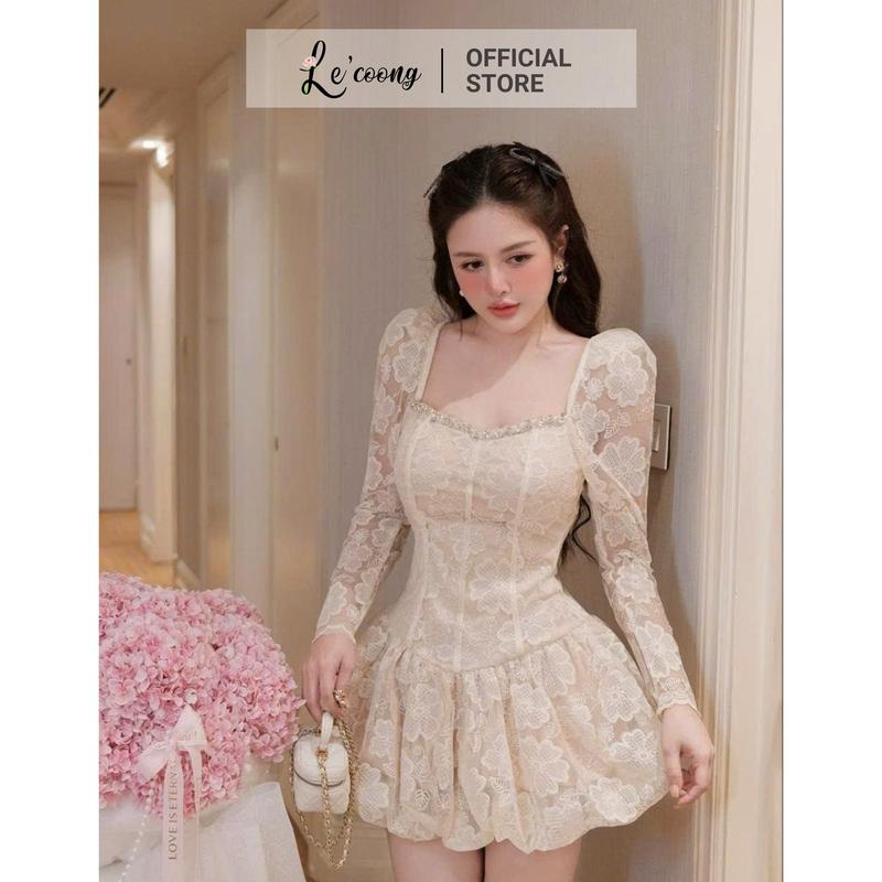 Váy Tiểu Thư Tay Dài Cổ Vuông Viền Đá CÓ BIGSIZE LECOONG V834 Đầm Thiết Kế Ren Hoa Nổi Sang Chảnh