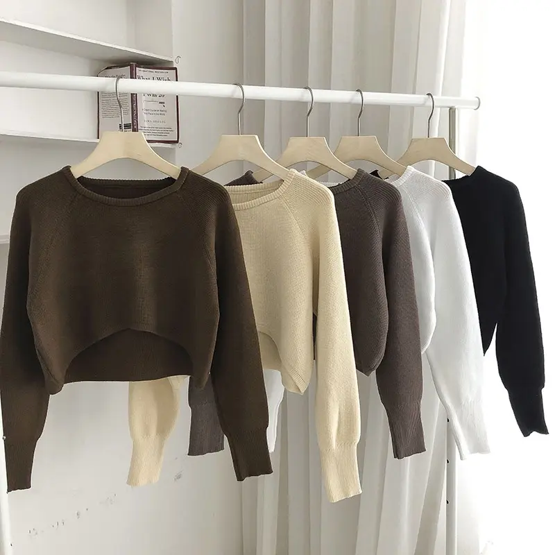 [Two Styles] Women Knitted Top Long Sleeve Crew Neck Loose Front Short Back Long High Waist Knitted Sweater
