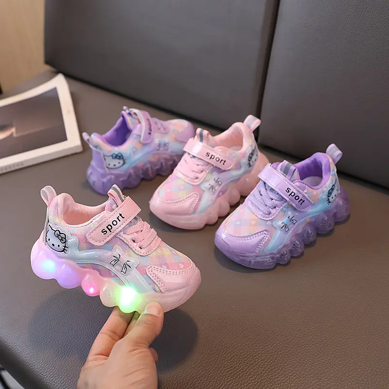 Girls' Lights Light Shoes Spring and Autumn New Cartoon Cat with Lights Sneaker Children Mesh Running Shoes