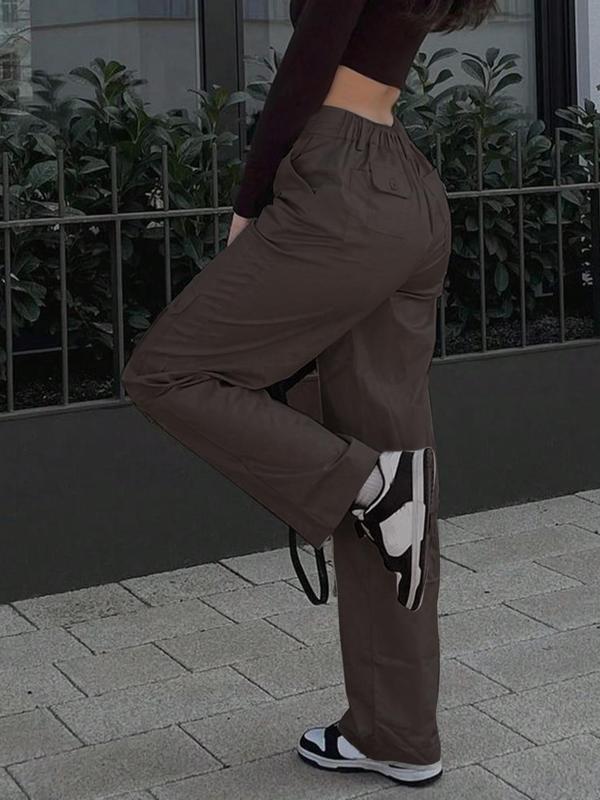 Women's Plain High Waist Flap Pocket Cargo Pants, Y2K Casual Street Basic Minimalist Comfort Straight Leg Trousers for Spring & Fall, Lady Bottoms for Daily Wear, Womenswear 7