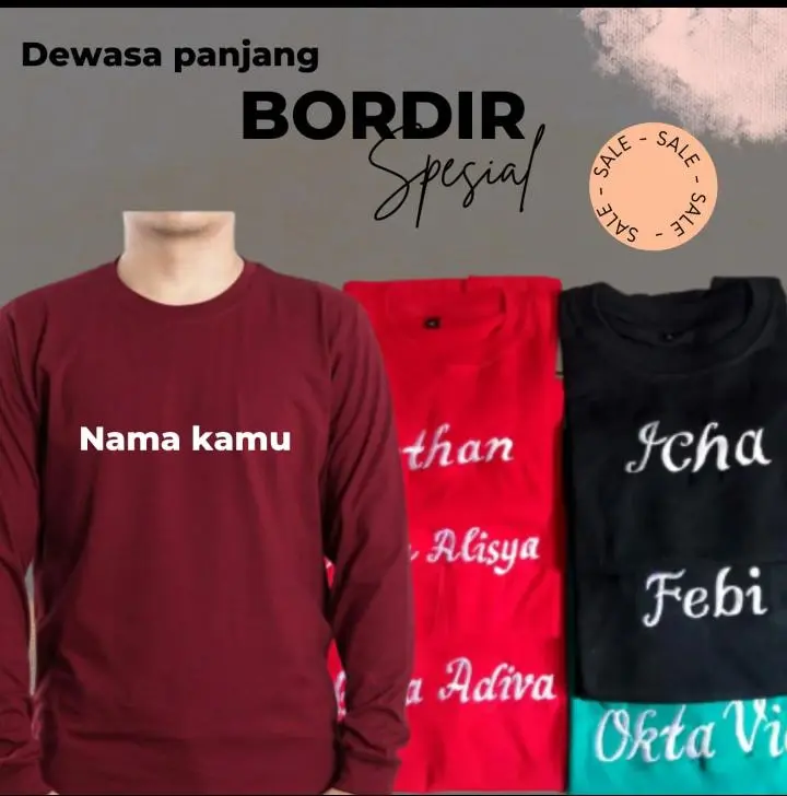 kaos dewasa panjang bordir nama, kaos dewasa lengan panjang bisa custom bordir nama Abu Army Biru Hijau Hitam Kuning Lembut Lilac Maroon