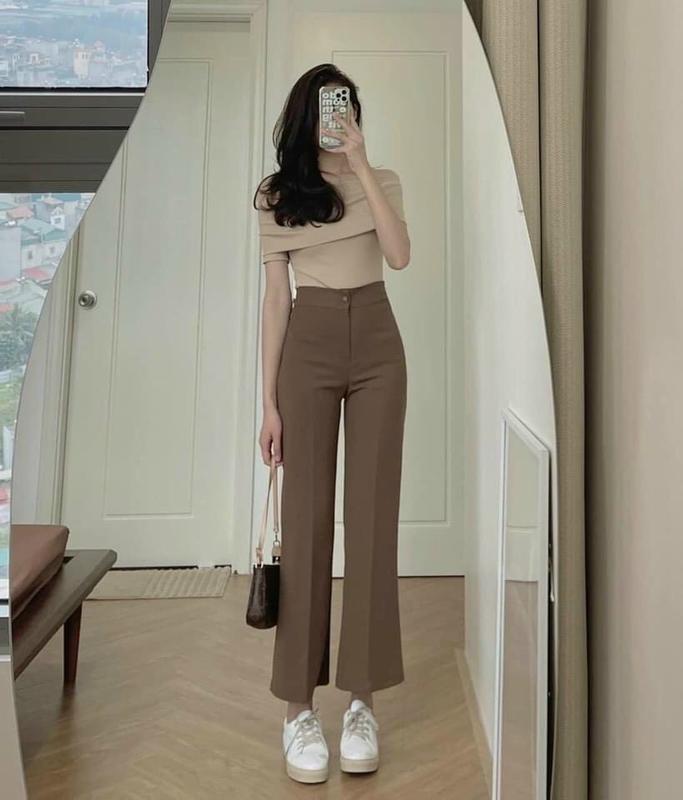 Quần ống loe nữ lưng cao dài 90cm khóa trước 1 khuy chất tuyết mưa mã 66