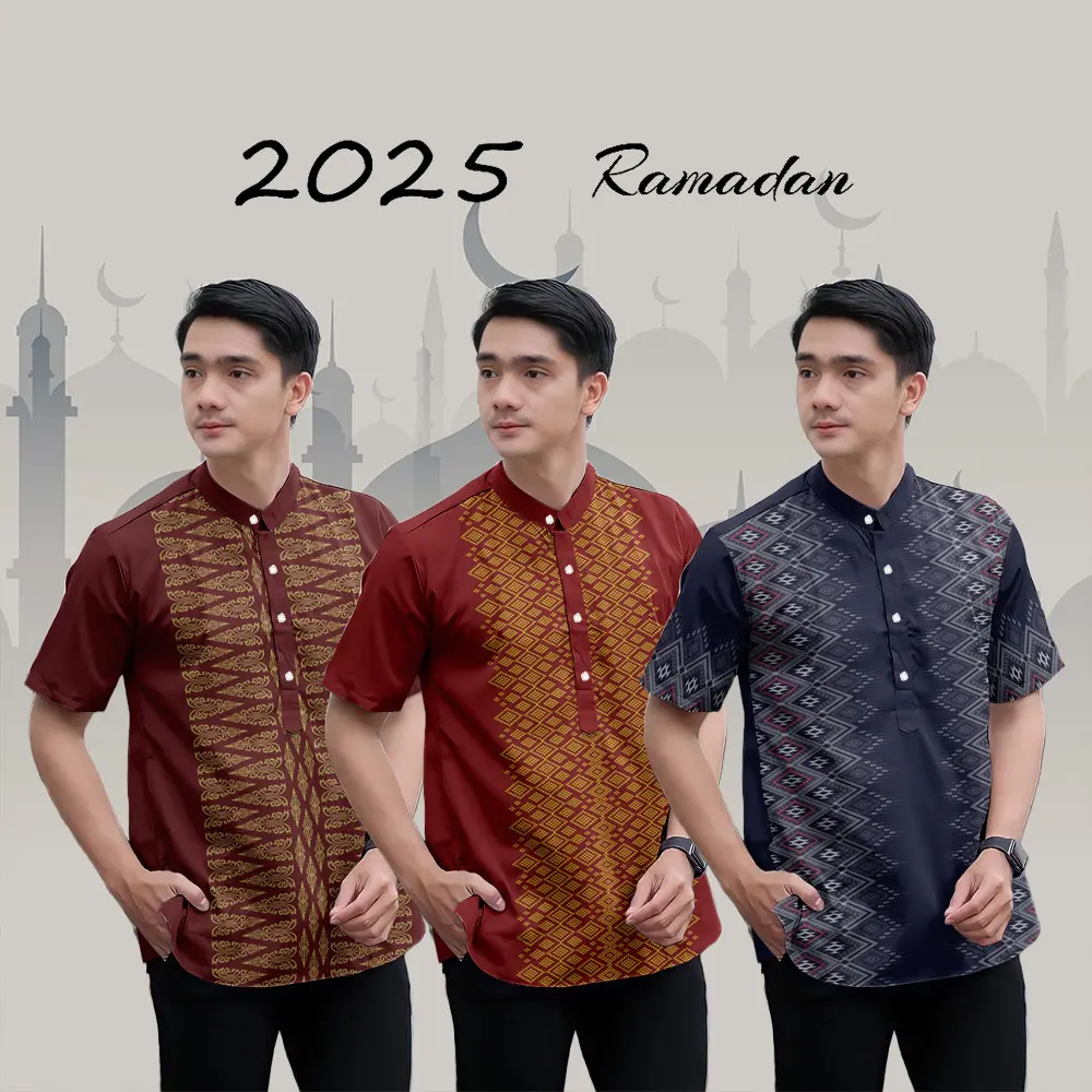 Koko Kurta Shirt Raya 2025 Malaysia Ramadan Muslim Stand Collar Short Sleeve Henley Shirt Adult Men's Slim Casual Printed Shirt