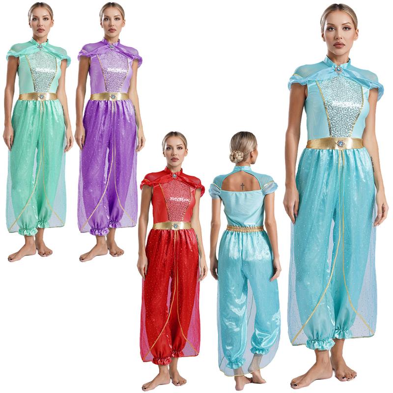 dPois Women Girls Arabian Princess Rompers Belly Dance Costume Cosplay Halloween Adult Fancy Dress Up 0