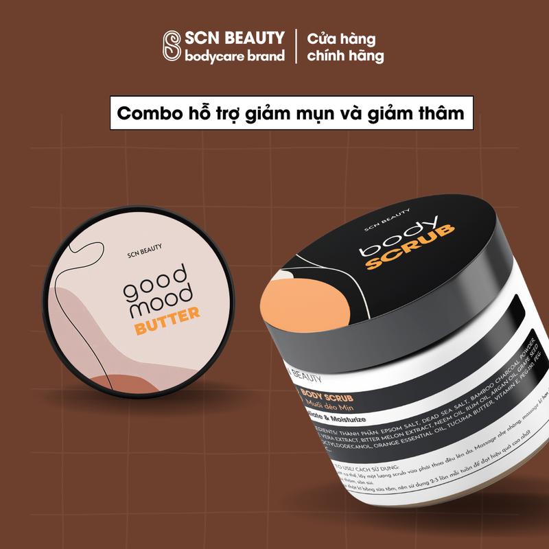 Combo Butter SCN gồm tẩy tế bào chết Muối dẻo Mịn và Kem hỗ trợ giảm thâm sần Good Mood- Tặng Cột Tóc/ Body Mask Kem Body