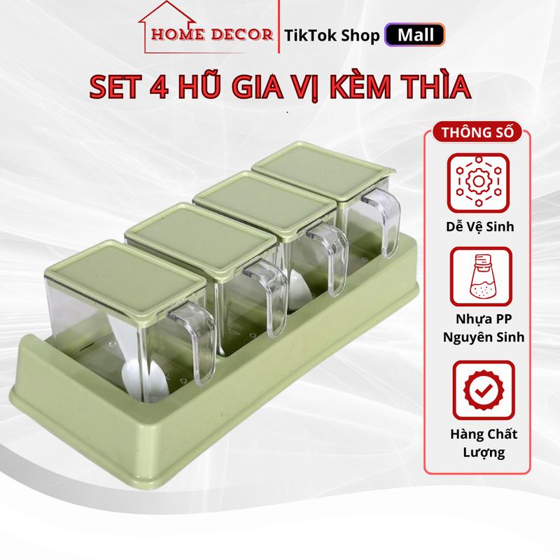 Bộ 4 Hộp Đựng Gia Vị, Hũ Đựng Gia Vị Kèm Muỗng Thìa Có Nắp Kín Chống Ẩm Dung Tích 250ml