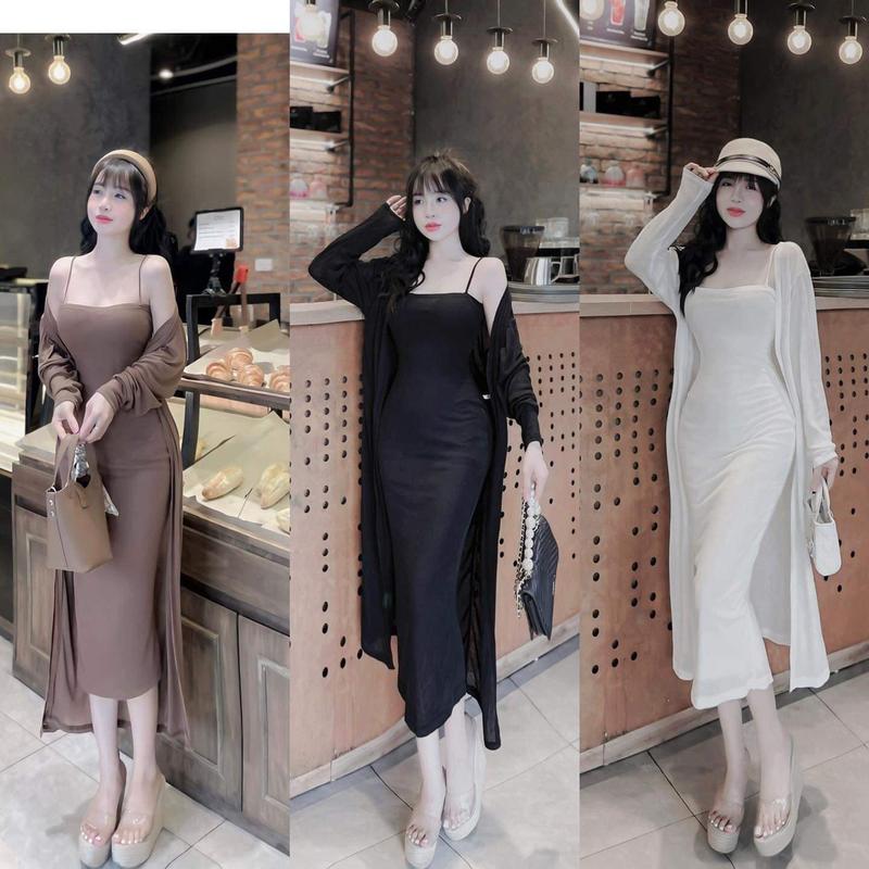 SM - Set 2 món đầm 2 dây ôm body kèm áo khoác dáng dài thanh lịch - Thun gân set bộ set nữ tôn dáng set chân váy set bộ nữ set đi biển set váy