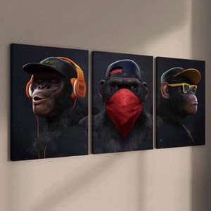 Wooden Framed Canvas Painting, 3 Counts Modern Art Monkey Bandits Pattern Wall Art, Wall Decor for Home Living Room Bedroom Office
