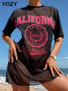 YOZY Women's California Print Round Neck Cover Up Dress, Casual Fashion Tulle Dress for Beach Holiday Vacation, Ladies Summer Clothes