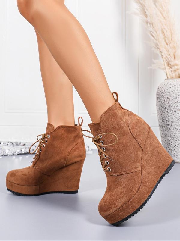 Women's Fashionable Solid Color Lace Up Platform Ankle Boots, Casual Comfortable Wedge Boots for Fall & Winter, Female All-match Trend Shoes for Daily Wear 6