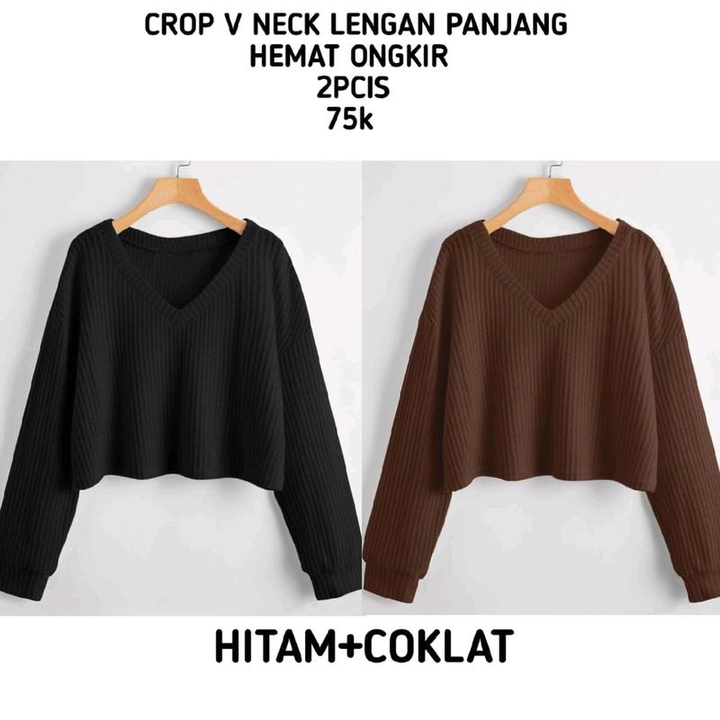 Promo 2pcis Crop V Neck Lengan Panjang Wanita - Baju Knitwear Nyaman - Formal, Midi kemeja vest jumbo 2