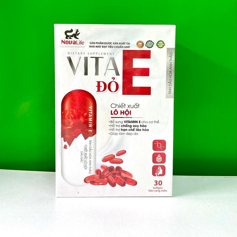 - VITA E ĐỎ Hoa anh thảo, giúp da sáng hồng mịn màng cắng bóng , hỗ trợ chống oxi hoá ,hạn chế da lão hoá. Cải thiện da khô nhăn ,nám sạm tăng sắc tố, đốm nâu nám sạm không đều màu, 1 hộp 30V dùng được 1 tháng. 2
