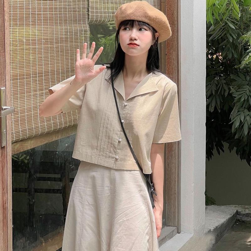 Áo sơ mi kiểu nữ cổ bẻ khuy ngọc Sena bảng màu vintage thanh lịch Women Top Shirt Kem
