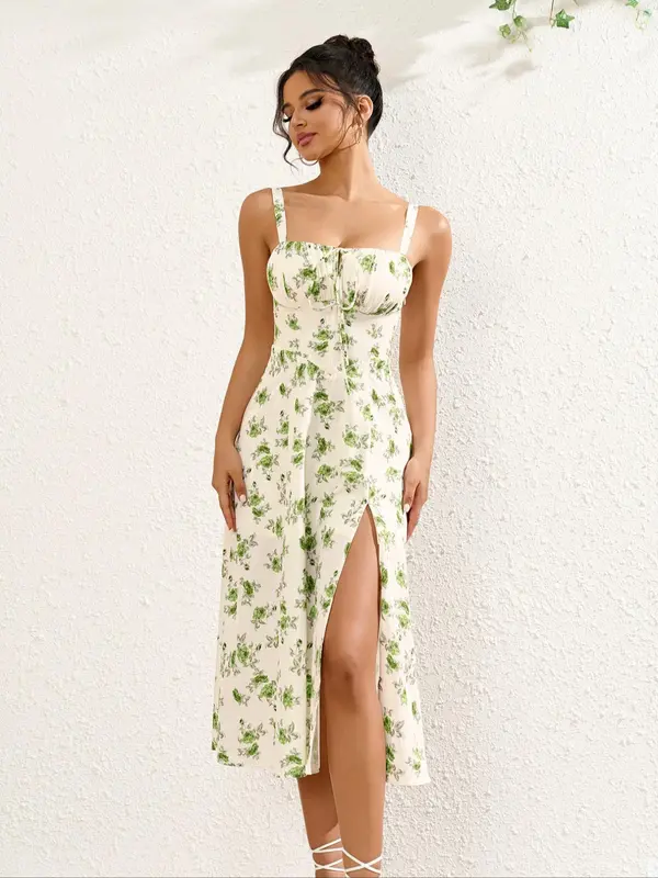 Women's Floral Print Ruched Split Thigh Dress, Elegant Sleeveless Midi Dress for Summer, Ladies Clothes for Beach Holiday, Womenswear, Dresses for Summer 7