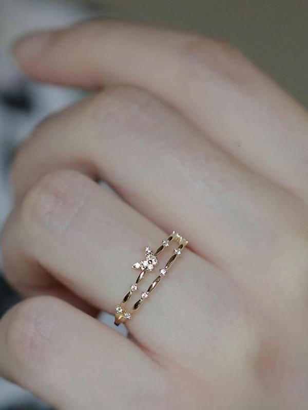 Women's Double-layered Artificial Zircon & Butterfly Design Adjustable Ring Without Box, Elegant Fashion Accessories for Women & Girls Party Wedding Gift 6