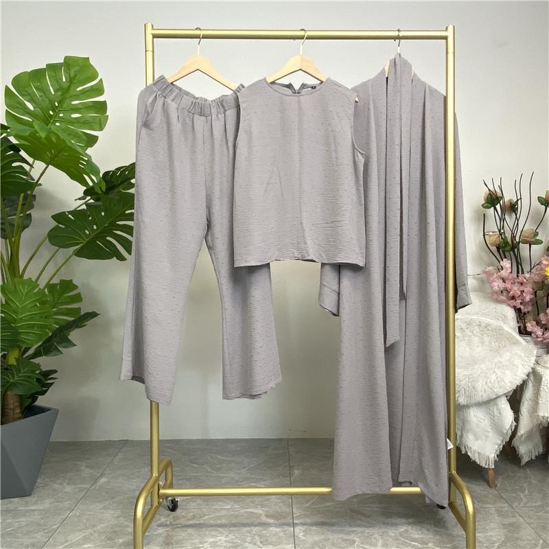 Product Introduction of Robe Three-Piece Set Long Cardigan Sleeveless Top and Pants with Pockets Muslim Islamic Clothing 1958 30