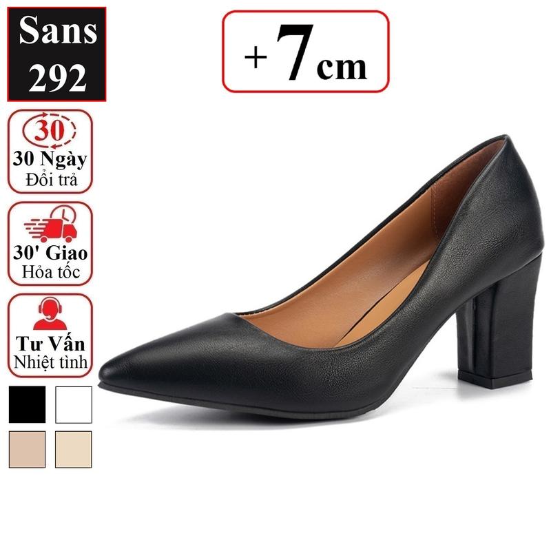 Giày cao gót nữ 7cm Sans292 guốc đế vuông trụ mũi nhọn tăng 7p 7 phân màu đen trắng be trơn basic đơn giản bigsize 41 42