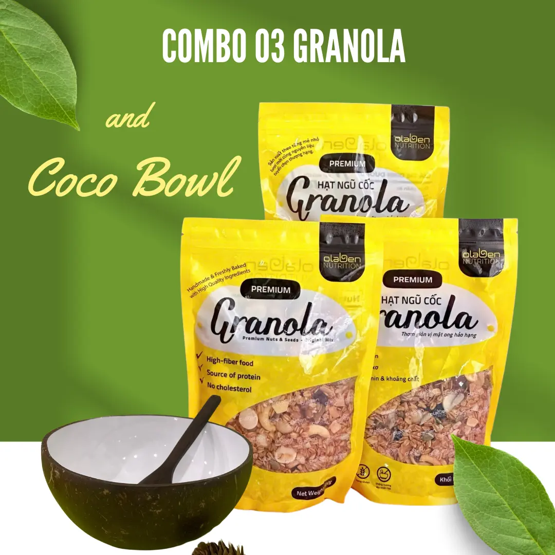 Combo OLABEN 03 Ngũ cốc dinh dưỡng Premium Granola 500Gram + Chén muỗng gáo dừa ngũ  cốc Food Thức Ăn Hạt Ngũ Cốc