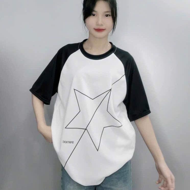 Áo Thun Tay Lỡ Raglan Phối Màu Đen Trắng Họa Tiết Ngôi Sao Chất Poly Form Rộng Nam Hottrend 2025 - Menswear (Sao Phối Tay ) 6