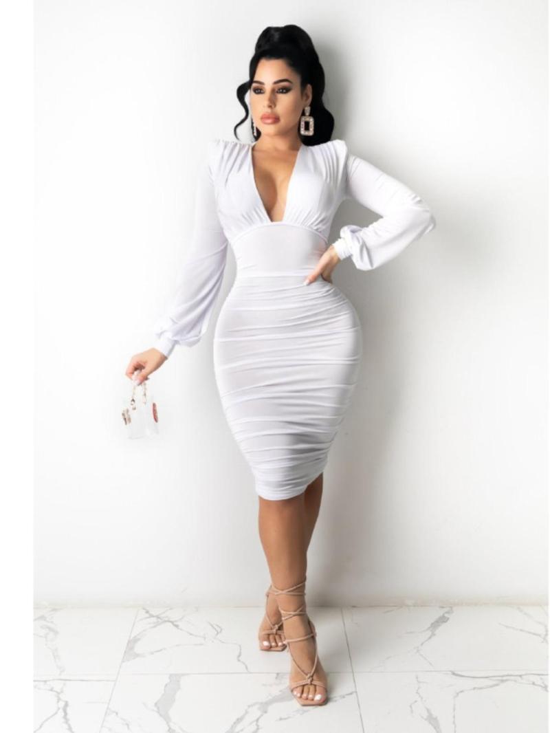 Product Introduction of Women's Plain Ruched Deep V Neck Bodycon Dress, Casual Bishop Sleeve Zipper Back Midi Dress for Fall, Women's Clothing for Daily Wear 7