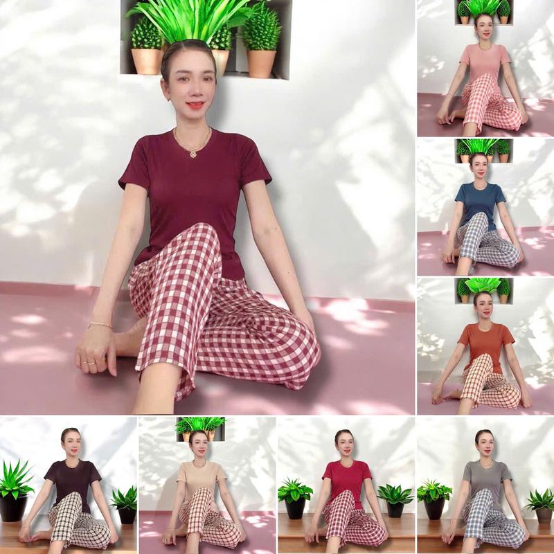 T162 Đồ bộ thun nữ Áo thun Tay ngắn phối Quần Baggy ống nhỏ 16cm - Dành cho nữ quần caro