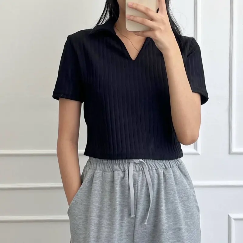 DISTY TOP - Atasan Pendek Bahan Hornet Model Kerah Polo Leher V Neck DA Drosir 1