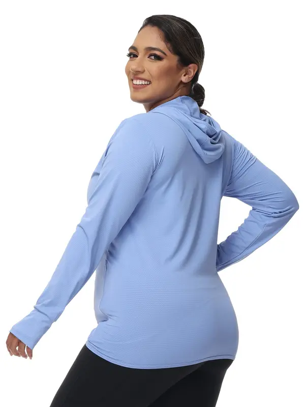 Plus Size Solid Zip Up Rashguard, Women's Long Sleeve Sun Protection Hooded Jacket, Ladies Sportswear for Indoor Outdoor Wear 8