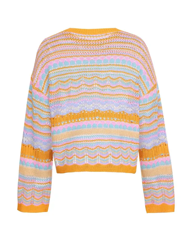 Women's Colorful Striped Print Hollow Out Drop Shoulder Sweater, Chic Elegance Casual Breathable Long Sleeve Round Neck Pullover Jumper for Spring & Fall, Sweater for Women, Sweaters for Women, Fashion Women's Knitwear for Daily Wear 5