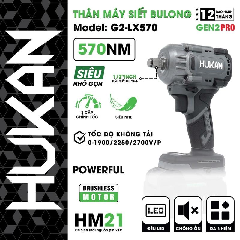 Thân máy siết bulong HUKAN G2-LX570,Lực siết 570N,Chân pin phổ thông M21,tặng kèm thước