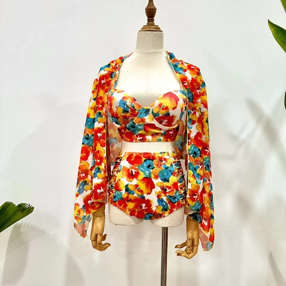 BIKINI ĐỒ BƠI 3 CHI TIẾT ÁO GỌNG TAY VUÔNG KÈM KHĂN HOA CAM LB368