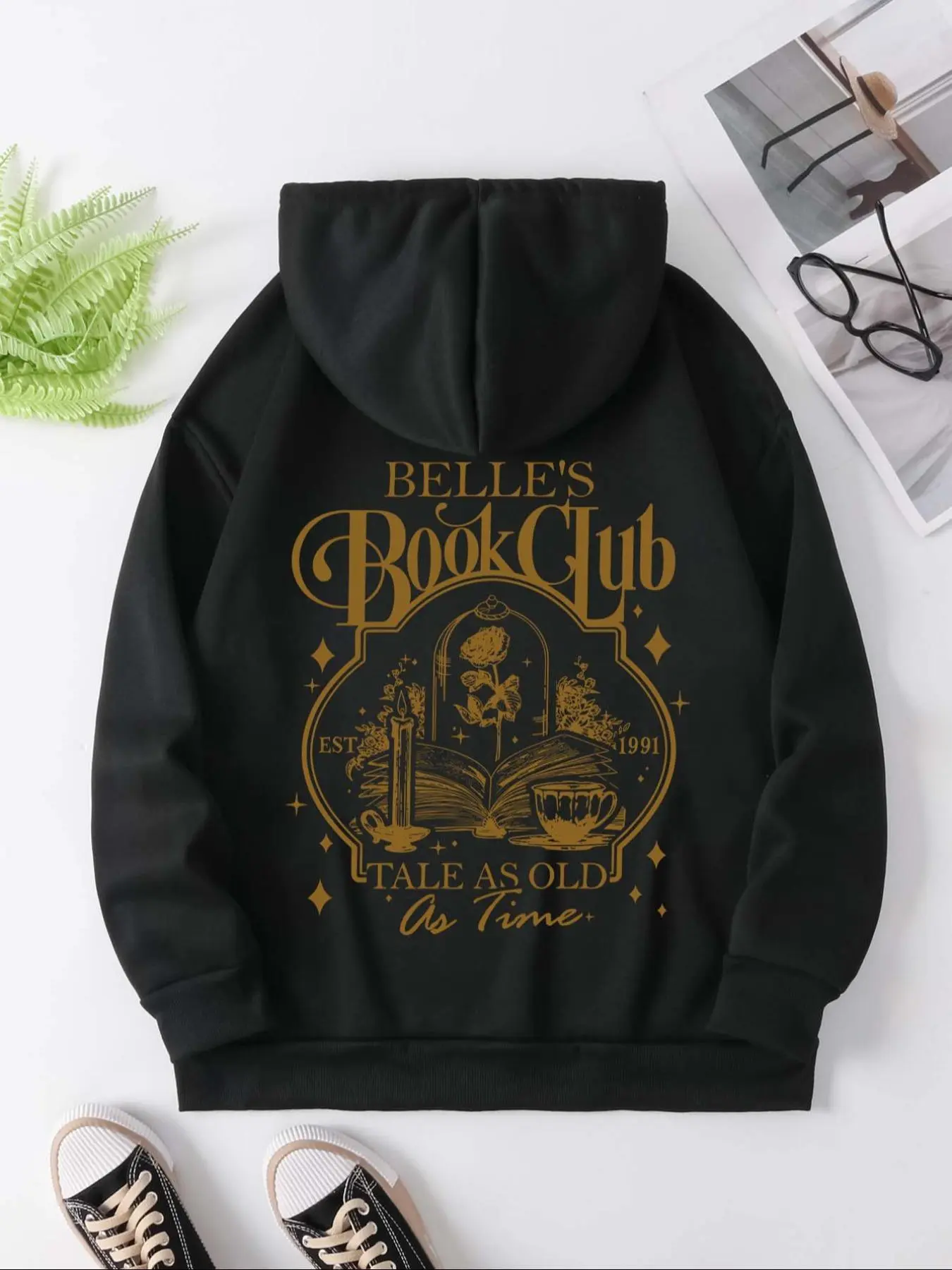 【Plus Size】 Cartoon Book & Letter Print Drawstring Hoodie, Casual Kangaroo Pocket Hooded Sweatshirt for Daily Outdoor Wear, Women Tops for Fall & Winter, Yoga Hoodie