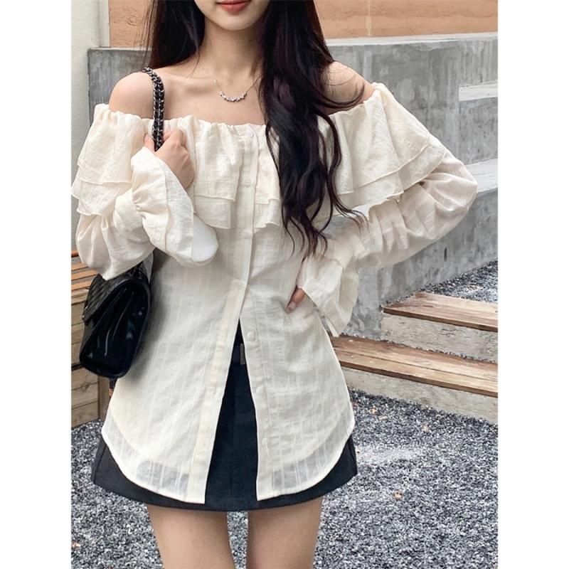 Áo trễ vai tay dài bẹt kiểu ôm bồng xẻ tà chất voan xốp trắng xinh VANISA CT047 Nữ Top 1