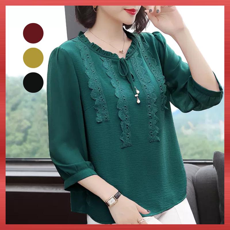 Áo Trung Niên Nữ A569, Mẫu Sơ Mi Cổ Tròn Voan Phối Ren Bèo Thắt Nơ Tặng Mẹ Trung Tuổi, Top Thời Trang Women NP Clothing U60