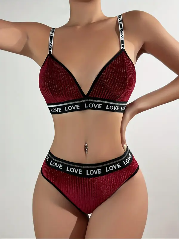 Two-Piece Set Women's Velvet Letter Tape Bra & Contrast Binding Panty Two-piece Set, Adjustable Strap Wireless Bra & Panty, Lingerie Set for Women 5