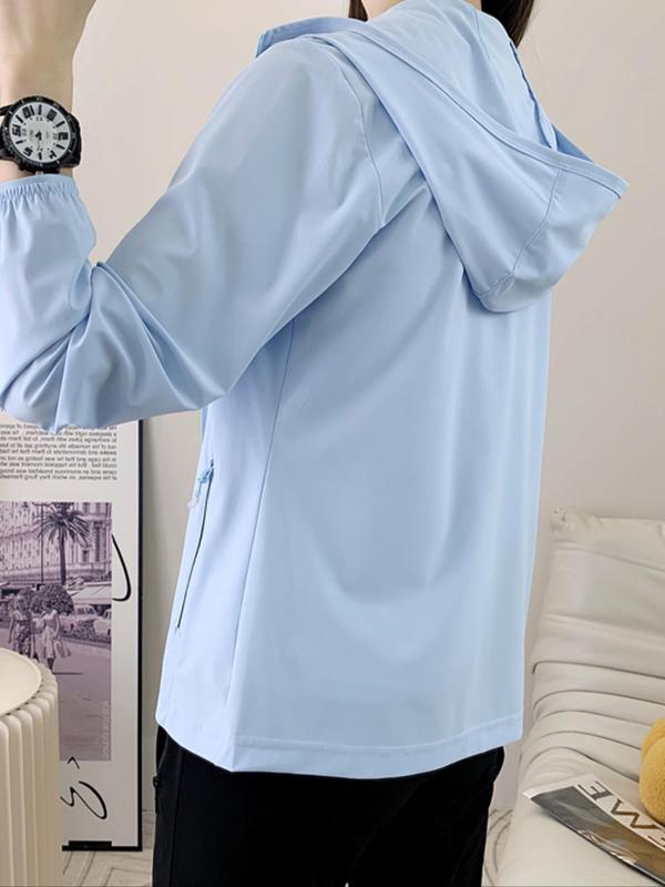 Women's Solid Color Ice Silk Zip Pocket Hooded Jacket, Casual Long Sleeve Sun Protection Jacket for Outdoor Activities, Ladies Sportswear for Spring & Fall 8