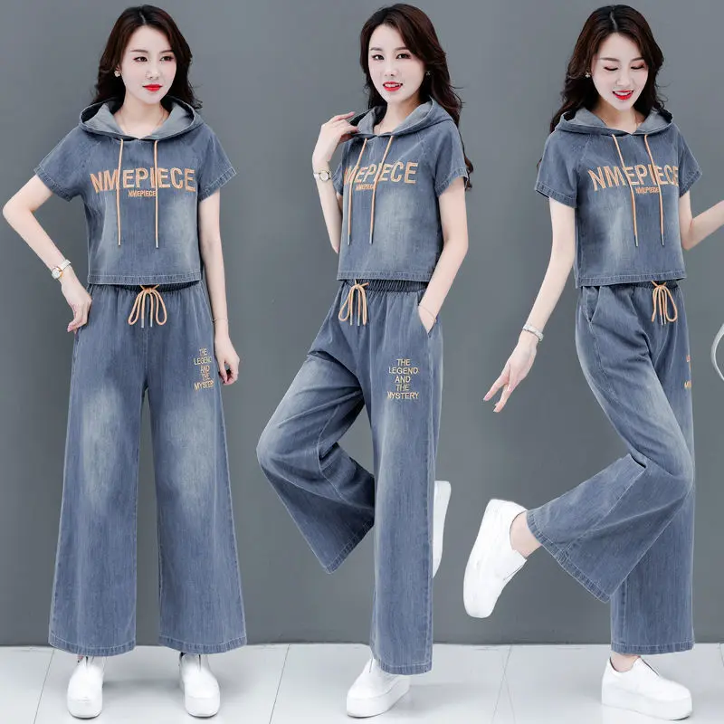 Bộ Đồ Hai Mảnh Denim Thêu Cổ Điển Dáng Rộng Vừa Vặn, Phong Cách Phương Tây, Thời Trang Trẻ Hơn, Quần Ống Rộng, Bộ Hai Mảnh, Mùa Xuân / Mùa Hè Mới, 2024 Nữ Áo