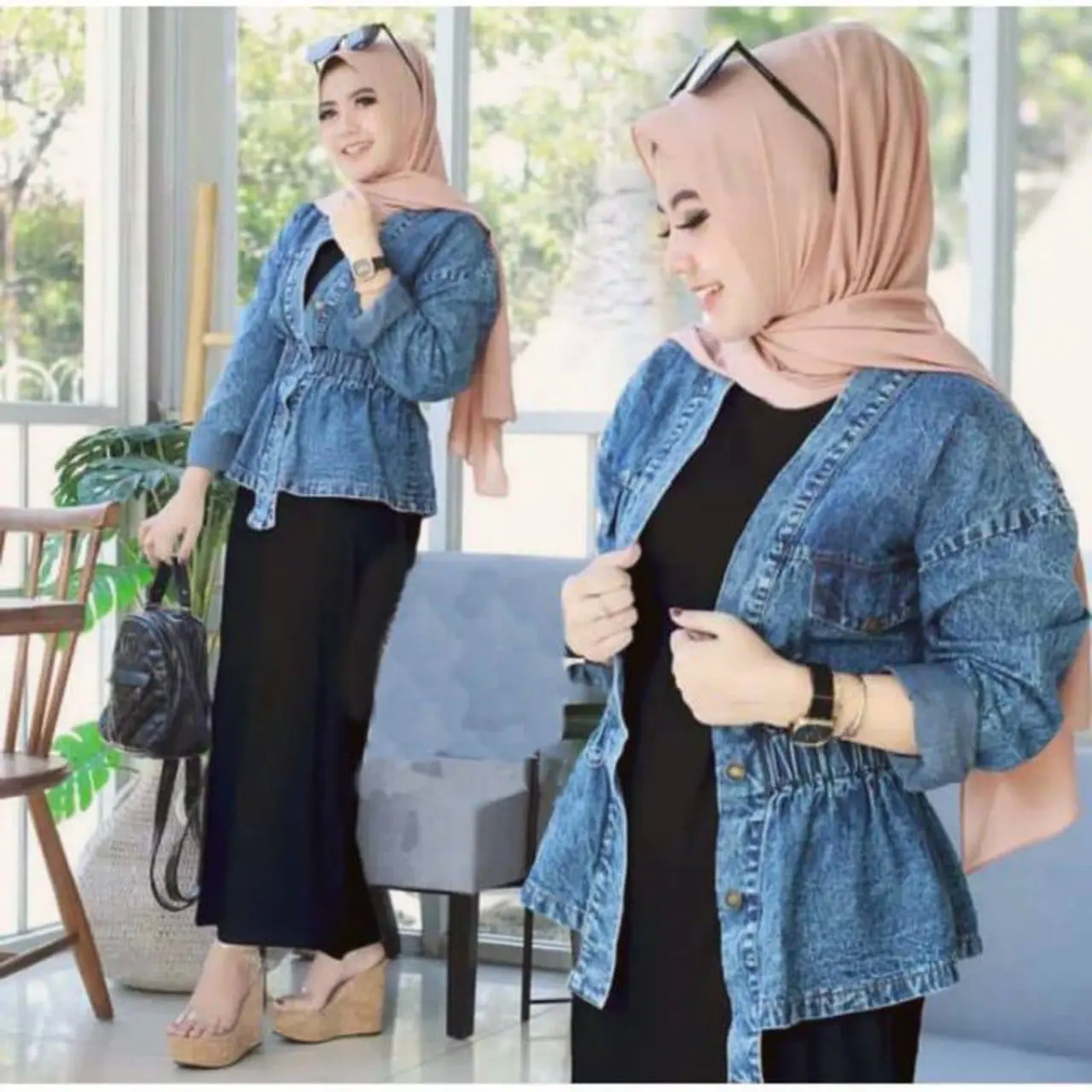 jaket jeans wanita terbaru karet tengah Santai Slim-Fitting Fit Denim Cewek  Crop  Outer  Panjang Oversize