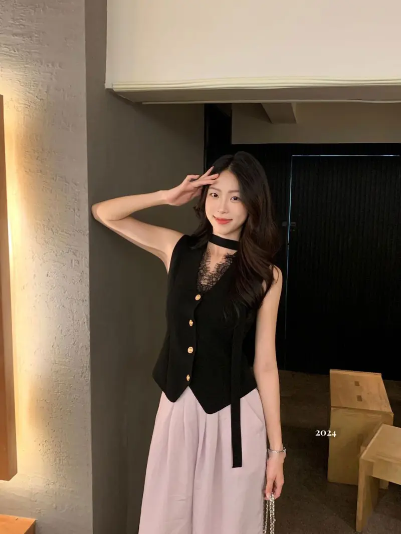 Product Introduction of Áo Ba Lỗ Dệt Kim Cổ Chữ V, Trang Trí Ren Kiểu Pháp, Không Tay, Áo Cơ Sở, Để Lớp Nếp Nữ Women Top Denim 4