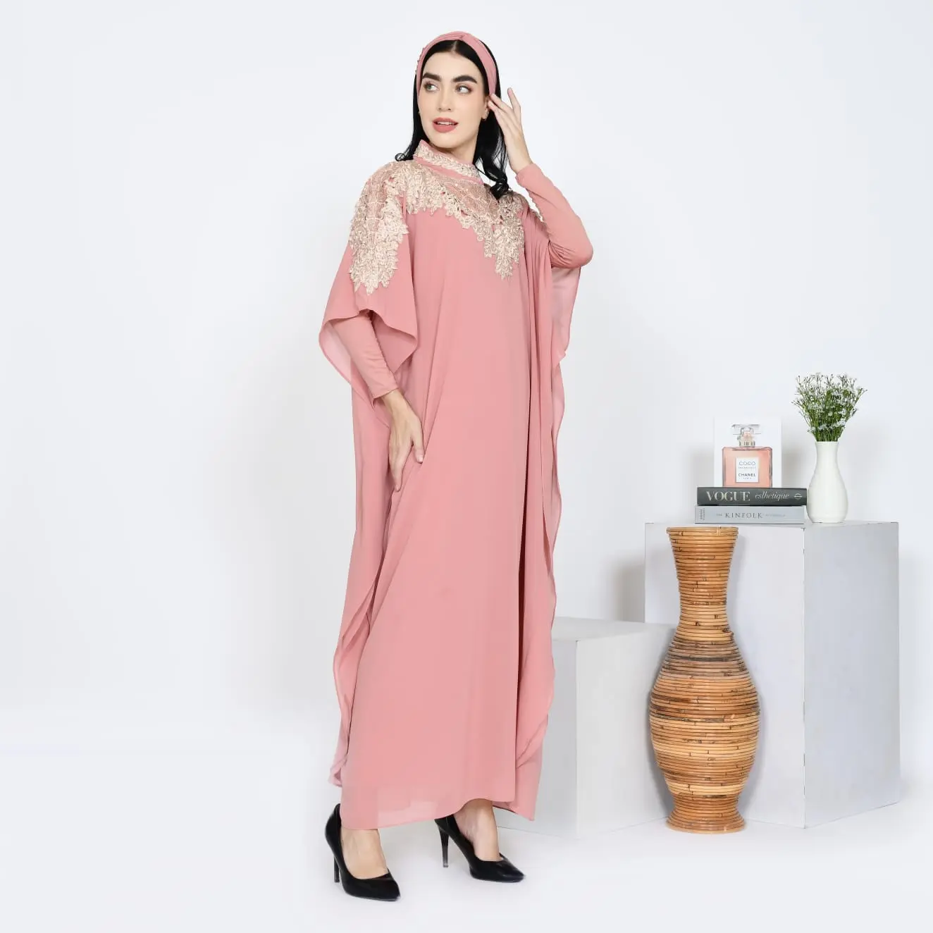 Kaftan Mahalini Premium Set Turban Exslusive Ceruty Baby Doll Bordir Payet Fit Muslim