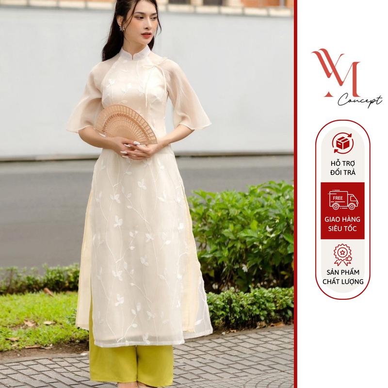 Bộ Áo Dài Voan Hoa Thêu Kèm Quần Lụa Kiểu Dáng Thanh Lịch YM Concept D0831 Cho Nữ - Kem, Dress Women Top