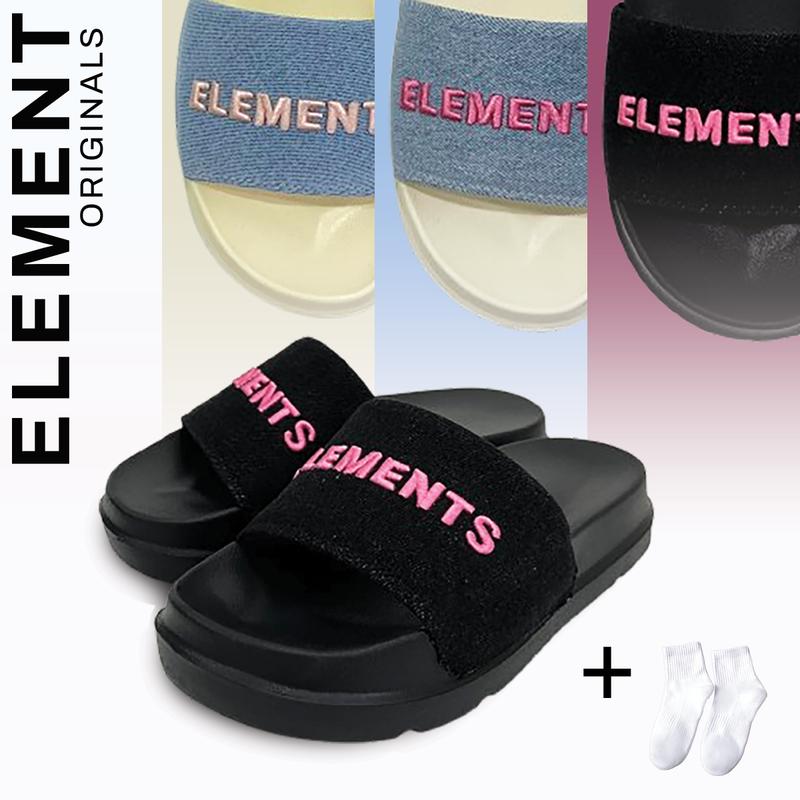 [TẶNG VỚ] E07 H-  Dép  ELements Classic Denim chữ thêu hồng - ( Slipper ) Dép Elements vải jean chữ thêu nam nữ - Elements