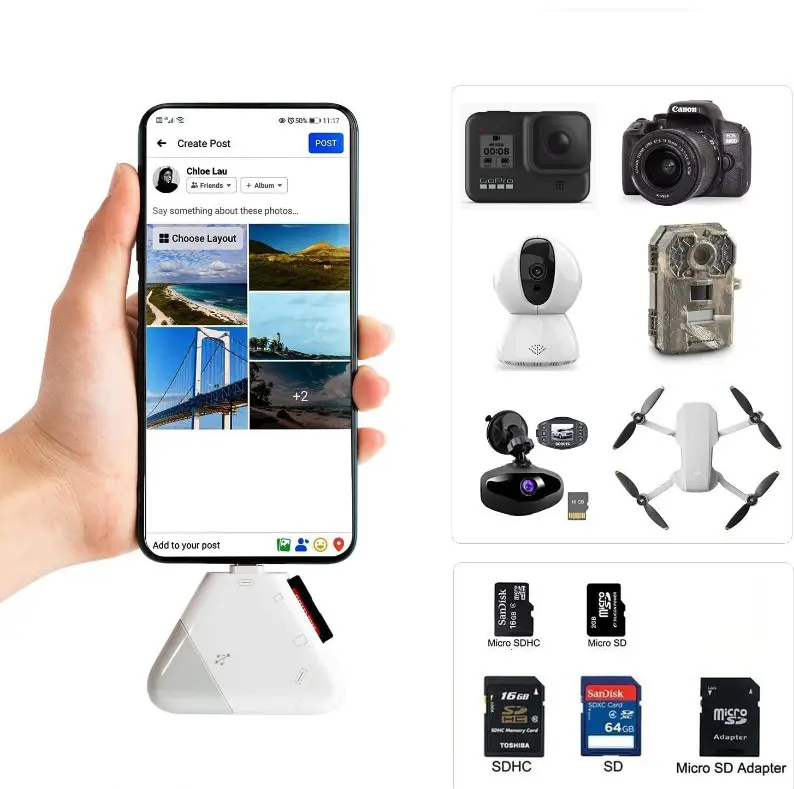 Đầu đọc thẻ nhớ SD, TF ( Micro SD) đa năng 3in1 Type C, Lightning, USB dùng cho iPhone, iPad, Macbook, điện thoại, PC, Laptop 1