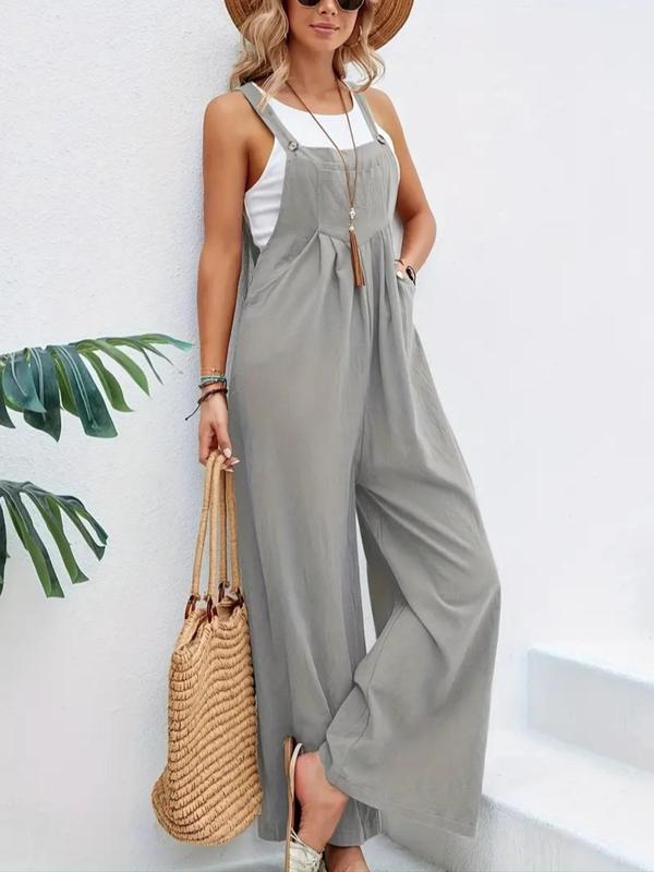 Women's Plain Plicated Button Wide Leg Overall Jumpsuit without Tank Top, Casual Square Neck Sleeveless Pocket Overall Jumpsuit for Summer, Jumpsuit for Women, Playsuit for Women, Summer Outfits 2024 8