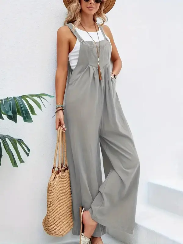 Women's Plain Plicated Button Wide Leg Overall Jumpsuit without Tank Top, Casual Square Neck Sleeveless Pocket Overall Jumpsuit for Summer, Jumpsuit for Women, Playsuit for Women, Summer Outfits 2024 8