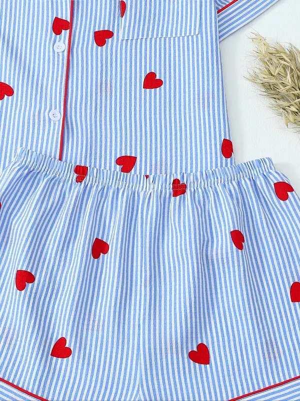 Women's Heart & Striped Print Short Sleeve Pajama Two-piece Set, Cute Casual Comfy Button Front Chest Pocket Design Lapel Neck Top & Elastic Waist Shorts PJ Set, Ladies Sleepwear for All Seasons 6