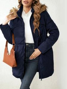 Women's Contrast Faux Fur Trim Button Pocket Zip Up Hooded Winter Coats, Elegant Long Sleeve Outerwear for Winter, Women's Clothing for Daily Wear