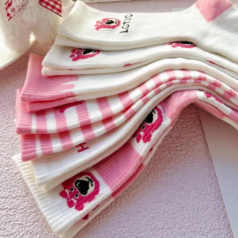 Pink Bear Cartoon Cute Sweet College Style Autumn Winter Stockings Women 4