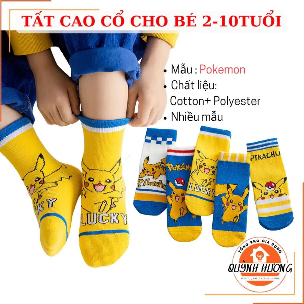 Combo 5 đôi Tất cao cổ Pikachu cotton co dãn, giữ ấm chân cho bé trai, bé gái  ( 2-10 tuổi)