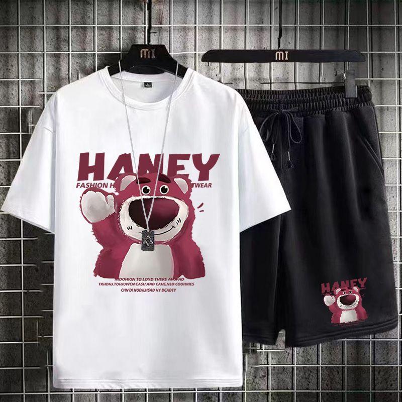 Product Introduction of Casual Sports Suit for Men Summer 2024 New Style Middle School Student Printed T-Shirt Men's Short Sleeve Shorts Trendy 1/2 Piece Fasciitis 24